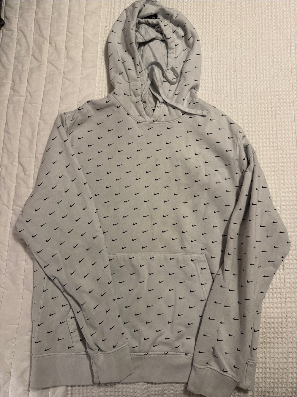 Nike Light Gray Hoodie with Allover Black Swoosh Print